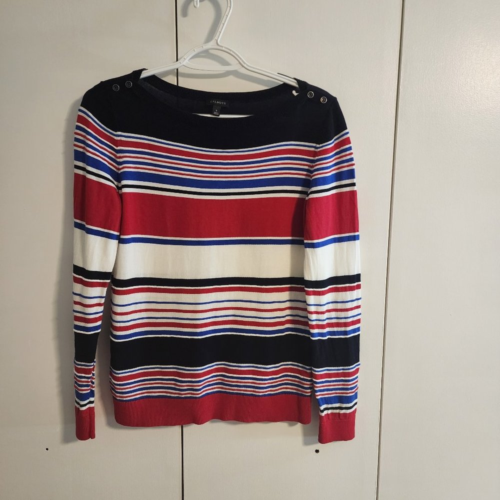 Talbots Boatneck Striped Sweater with Button Accent on Shoulder | Womens Small